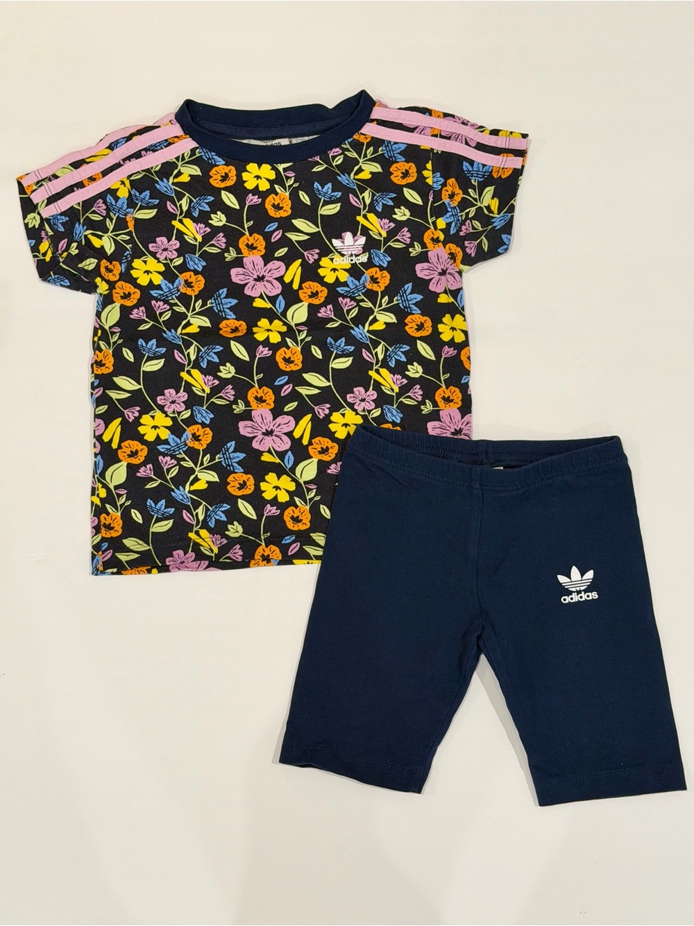 ADIDAS Toddler Girls Navy Blue Floral Tee & Biker Shorts 2 Piece Outfit Set - 5T